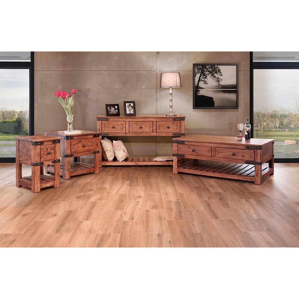 Solid wood end outlet tables with storage